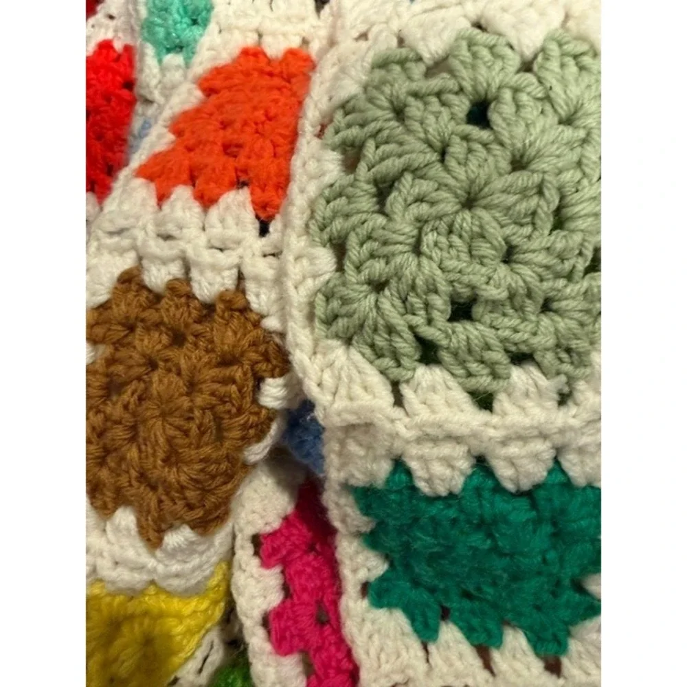 Vintage Handmade Crochet Granny Square Blanket Multi Boho Throw Afghan 67x60